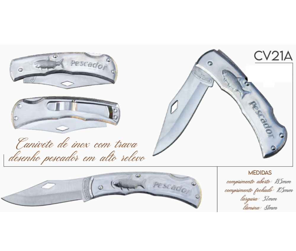 Canivete Dobrável Inox C/ Clip CV21 Pescador 18cm