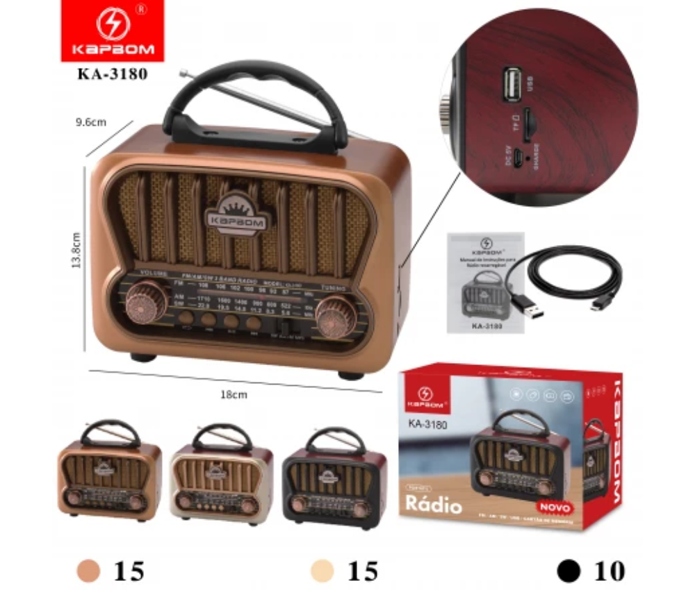 Rádio KA-3180 Fm/Am/Sw/Usb/TF/Bluetooth 