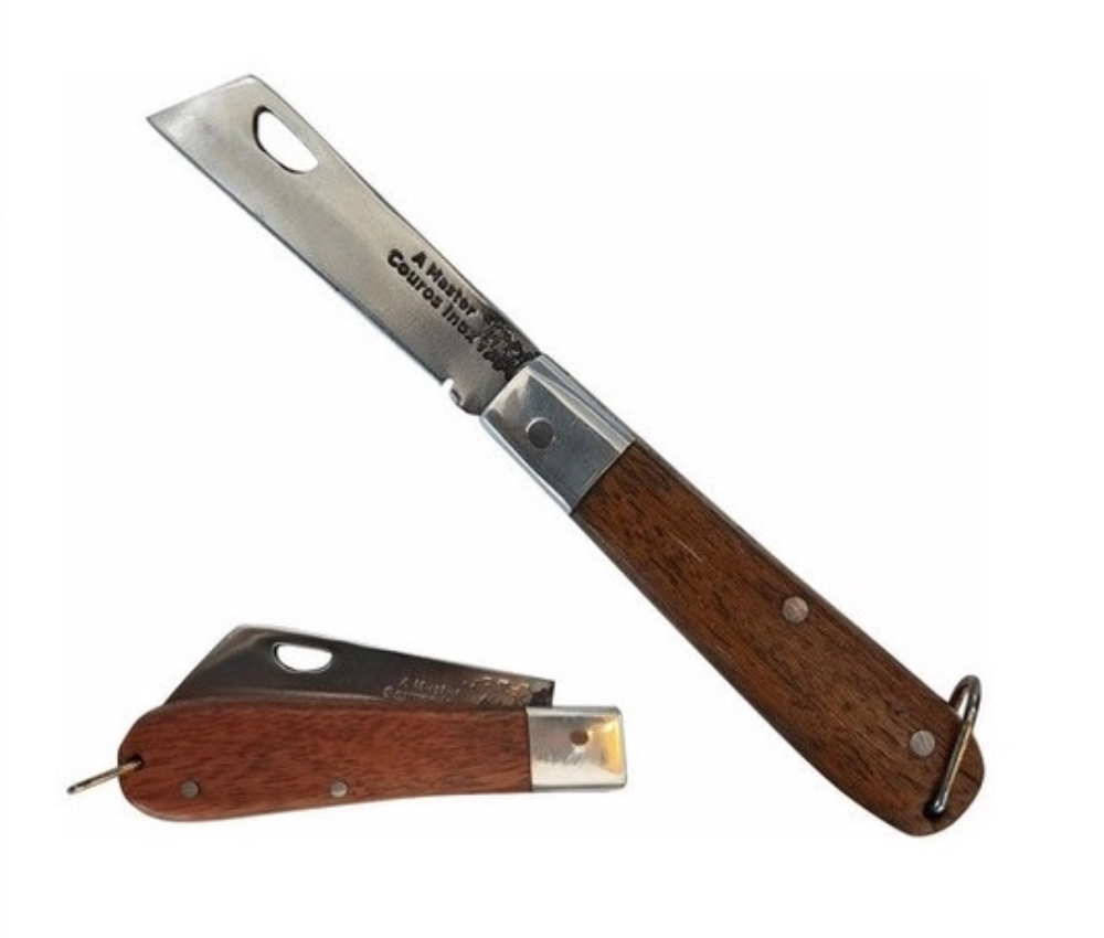 Canivete Dobrável Inox Cabo Madeira C/ Bainha Couro 500P 17cm