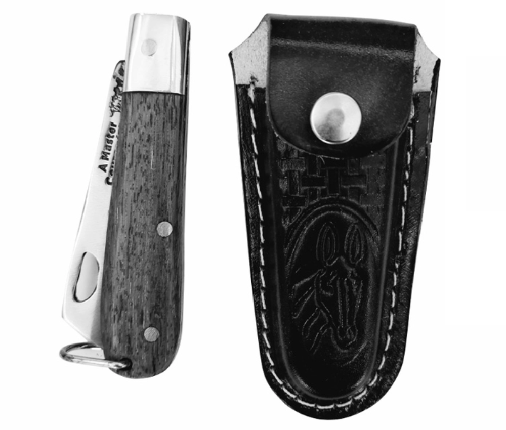 Canivete Dobrável Inox Cabo Madeira C/ Bainha Couro 500P 17cm