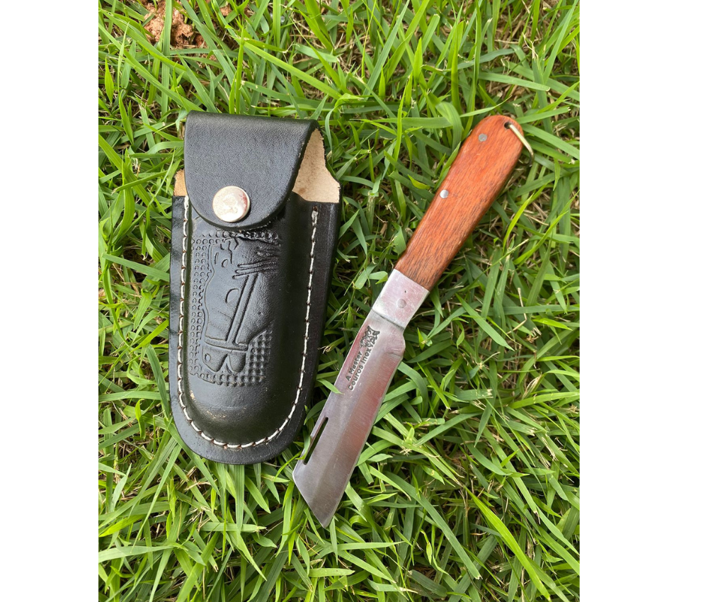 Canivete Dobrável Inox Cabo Madeira C/ Bainha Couro 500P 17cm