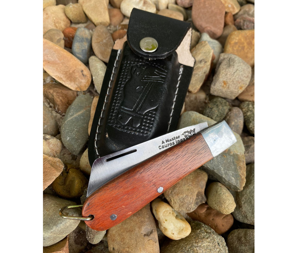 Canivete Dobrável Inox Cabo Madeira C/ Bainha Couro 500P 17cm