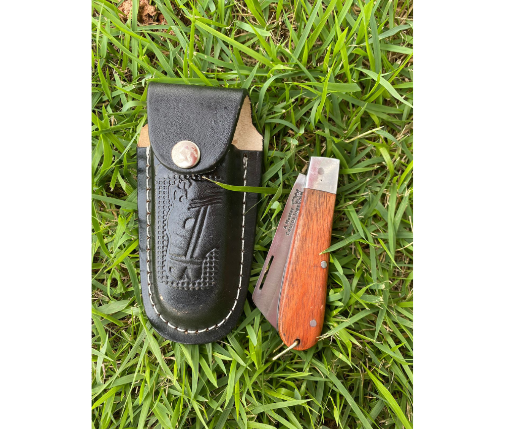 Canivete Dobrável Inox Cabo Madeira C/ Bainha Couro 500P 17cm