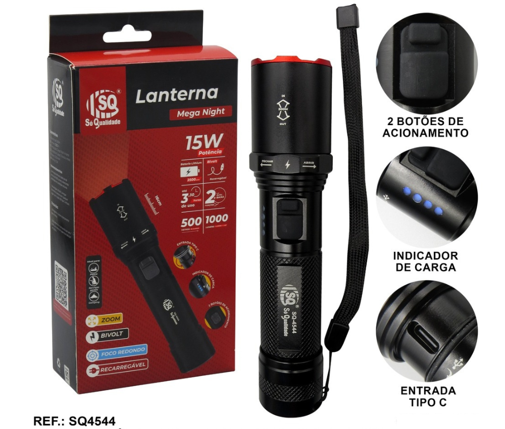 Lanterna Tática SQ-4544 C/ Zoom 15W 1000L 16cm