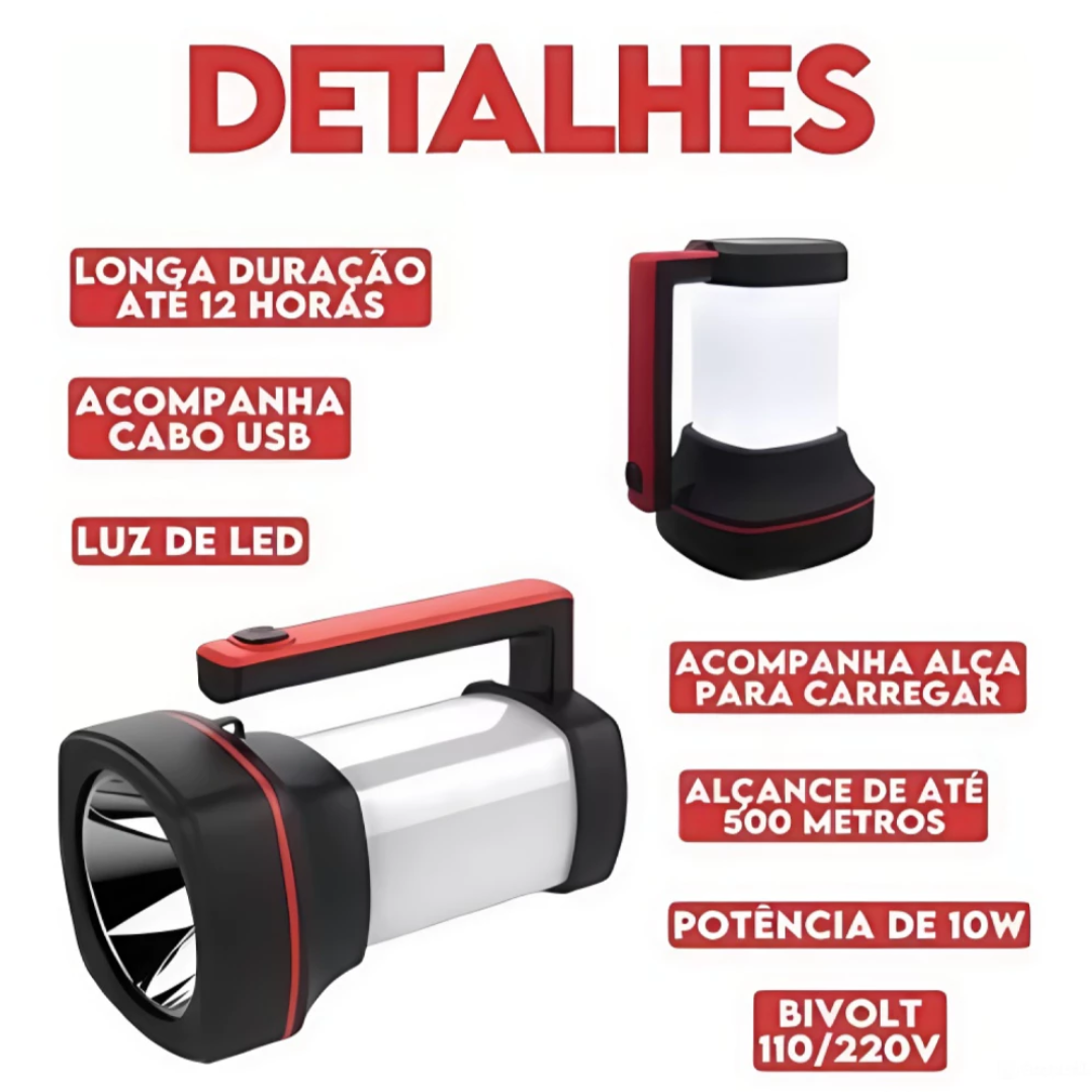 Lanterna Holofote SQ-4543 1 Led 10W + 34leds 7W 21cm