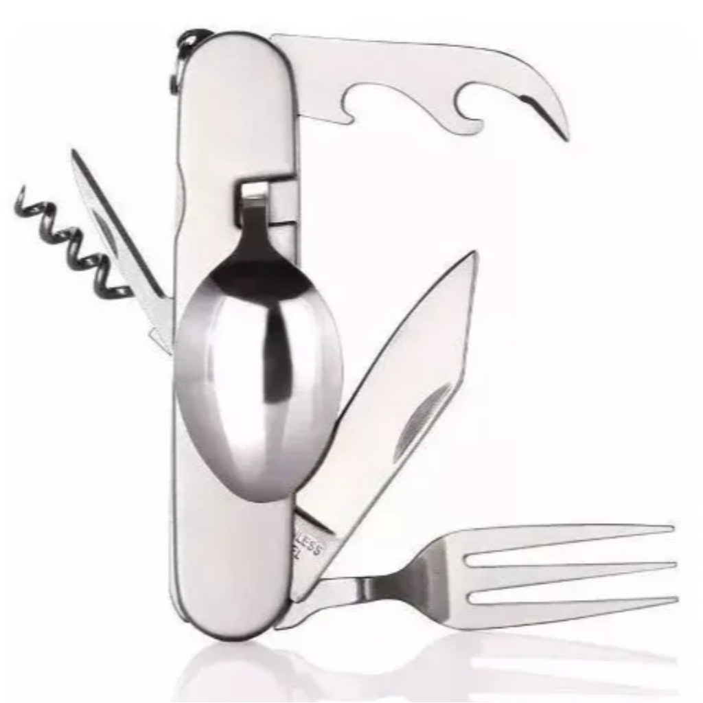 Canivete Dobrável Multifunções Inox C/ Bainha Xv1715 Colher Garfo E Faca